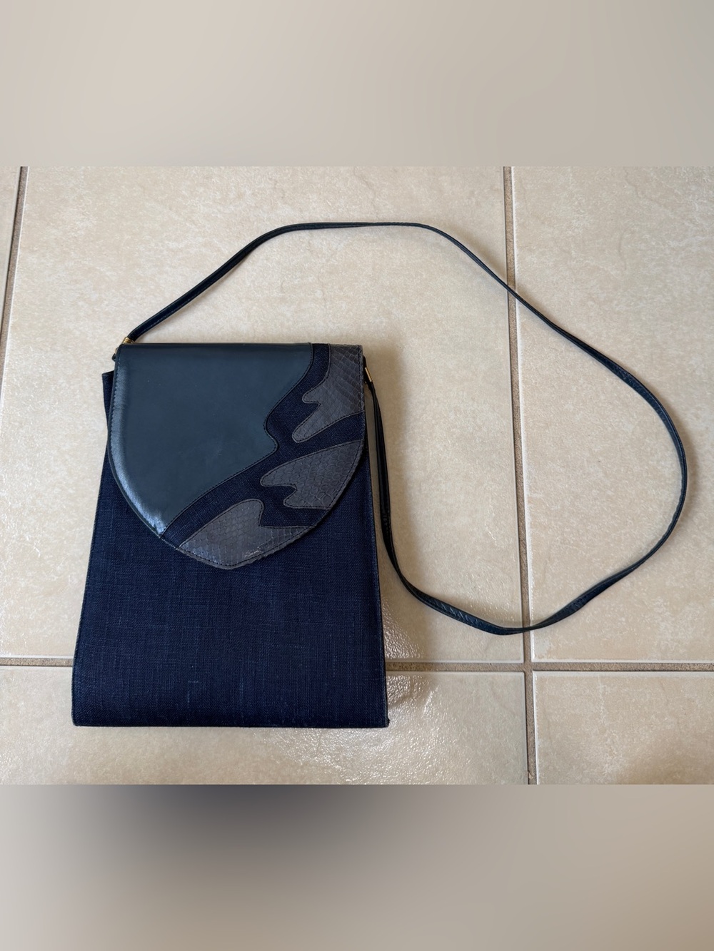 Vintage 80s Jasmin Crossbody Bag Navy Blue Denim Genuine Snakeskin Leather Flap